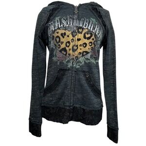 Y2K Crash & Burn Womens Gold Lace Trim Leopard Heart Zip Up Hoodie Small Grey